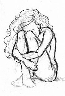 a pencil sketch of a woman with long flowing hair, sitting with her legs curled up to her chest, her arms wrapped around her legs. she is facing away from the viewer and her face is hidden. the drawing portrays sadness and vulnerability.