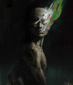 the image presents a dark and dramatic portrait of a muscular man's torso against a black background. his head is turned to the side, and his face is partially obscured by shadow, creating a sense of mystery. the most striking feature is a stream of vibrant, abstract colors erupting from his right eye, contrasting sharply with the muted tones of the rest of the image. this burst of color suggests a surge of energy, creativity, or perhaps a window into his thoughts and emotions.