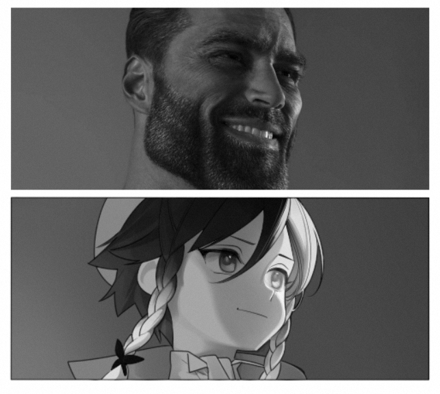 the image is a twopanel meme. the top panel is a grayscale image of the gigachad meme, a photoshopped image of a man with exaggerated masculine features. the bottom panel is a grayscale image of an anime girl with a hopeful expression. the meme typically implies that the person in the top panel approves of or is pleased by the person or thing in the bottom panel.