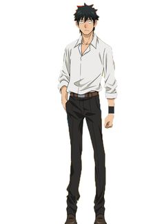 a young man with short, spiky black hair and brown eyes is standing against a white background. he's wearing a white buttonup shirt with the sleeves rolled up to his elbows, a brown belt, and black pants. his expression is neutral.