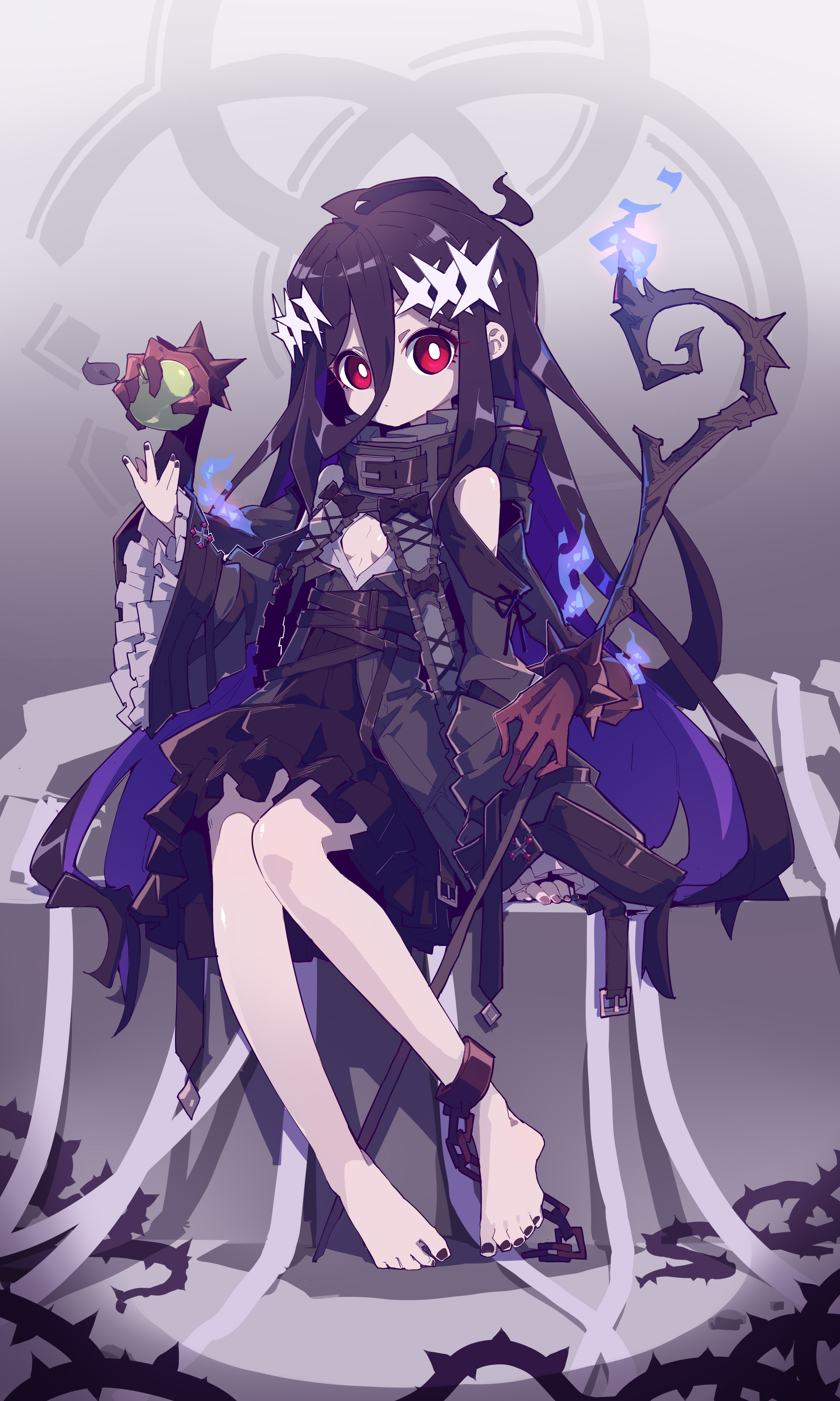 a fullbody illustration of an anime girl with red eyes and long dark hair, seated on a stone structure. she is dressed in a dark, gothicstyle dress and has a crown of white starlike shapes on her head. she is holding a staff with a mystical blue flame. she is barefoot, and her left foot is bound with chains and shackles. the overall tone is dark and fantastical.