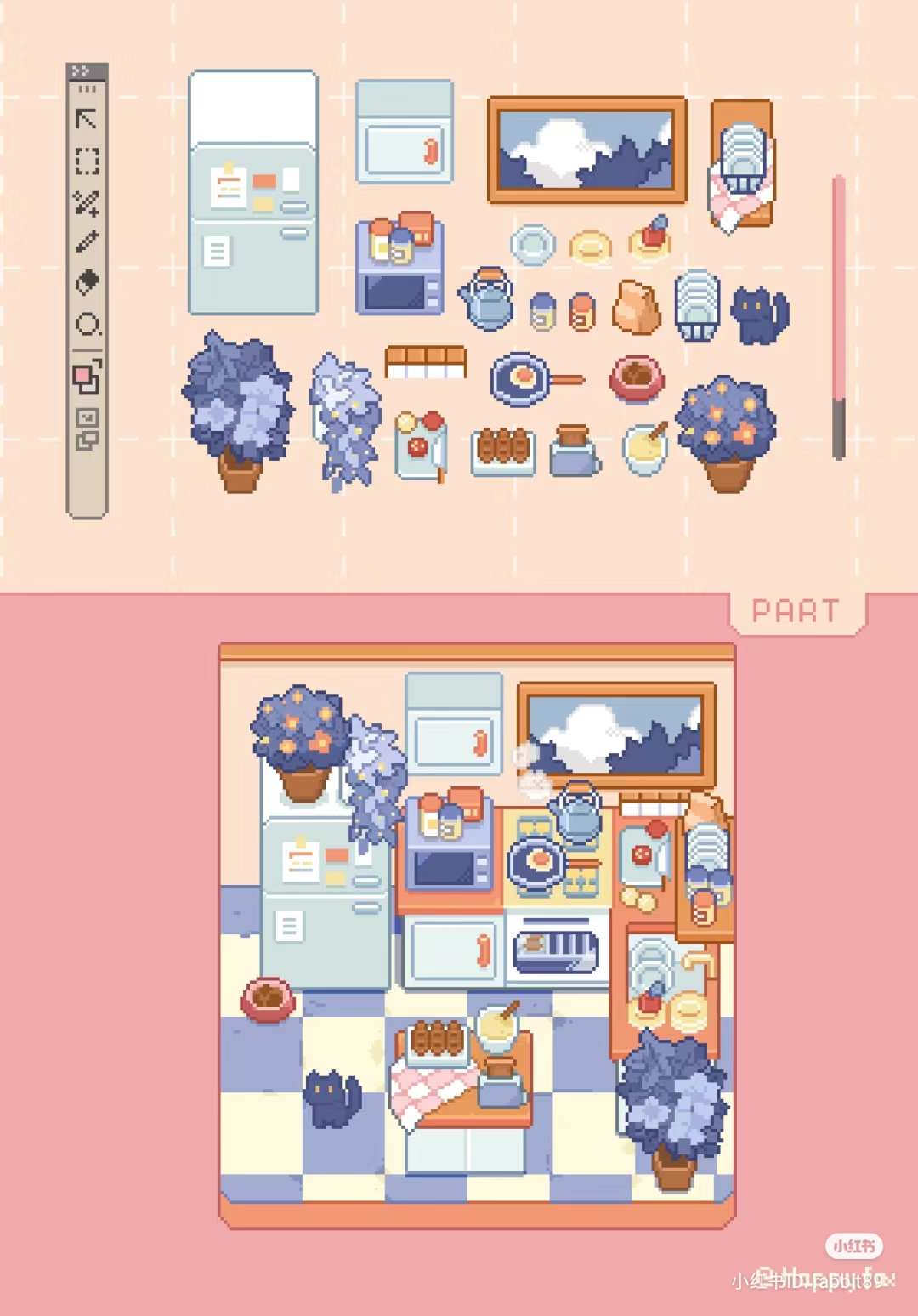 the image shows pixel art assets for a video game or digital art. it features furniture and appliances for a kitchen,  including a fridge, stove, microwave, cabinets, and sink, as well as smaller items such as kitchenware, plants, and a cat. the top half of the image displays the individual assets, while the bottom half showcases them arranged as a complete room. the style is cute and cozy, with a soft color palette.