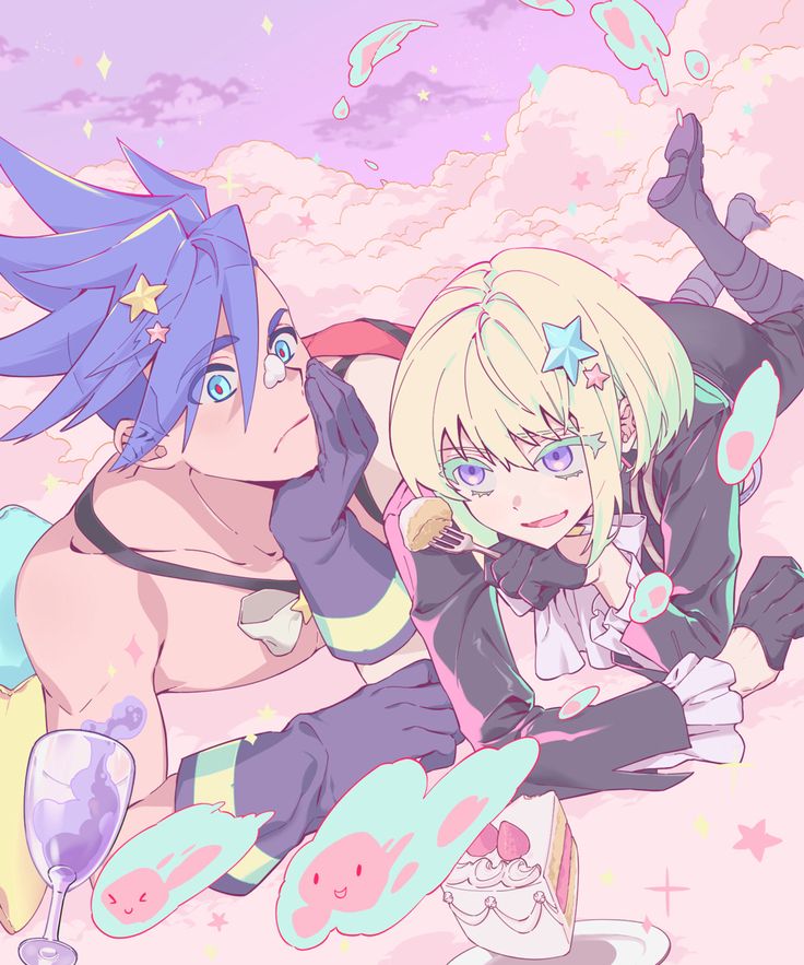 the image is a digital animestyle illustration featuring a young man and woman, possibly a couple. the art style is whimsical and playful, characterized by soft pastel colors (pink, purple, and blue) and a dreamy, cloudfilled background. the characters are styled in a fashionable way with gloves, and the woman has unique light blonde hair, while the man sports vibrant blue hair. they appear intimate as the man is whispering something into the woman's ear, while both share a dessert, possibly a cake and some small pastries.  the overall feel is lighthearted and romantic, with numerous cute, bunnyshaped cloud details adorning the piece.  the style is very polished and clearly digitally produced.