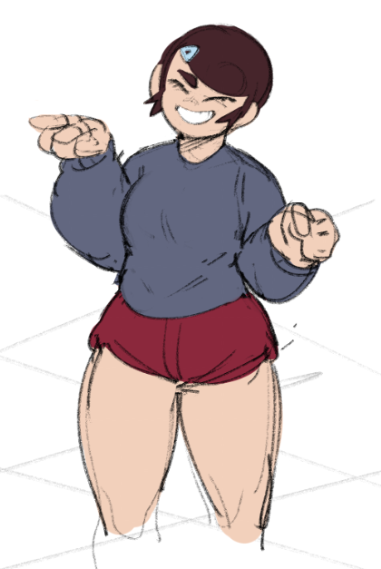 a digital illustration of a happy woman with brown hair, wearing a blue sweatshirt and red shorts with her thumbs up, smiling and excited.