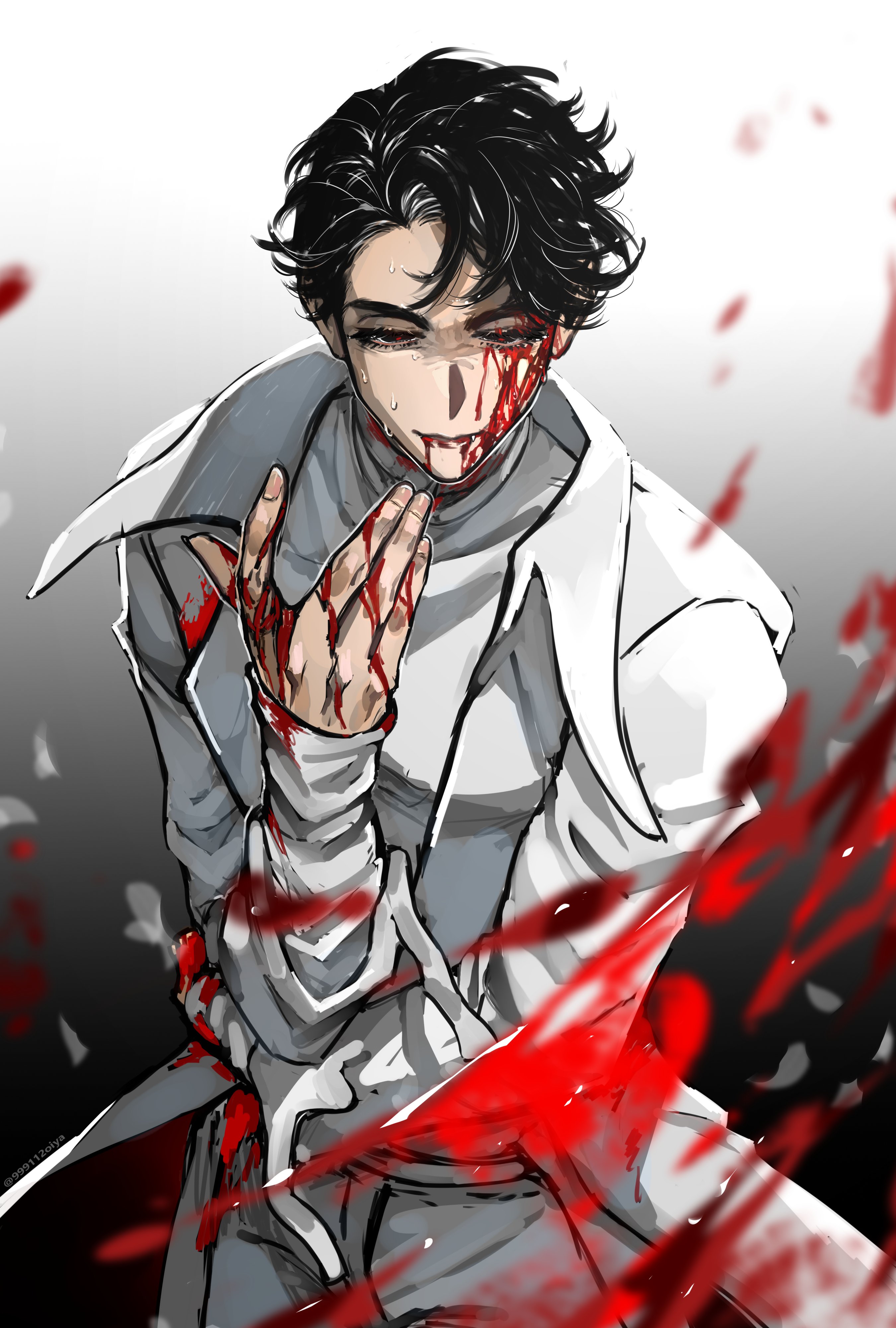 the image is a dramatic and intense piece of digital fanart depicting a young animestyle male character. he has dark hair and is wearing a white coat, which is splattered with blood. his hands are also covered in blood, and he has several cuts and lacerations on his face. his expression is a mix of pain, suffering and fierceness. the background is dark and shadowed, adding to the overall mood. the style of the art is dynamic and expressive. the image suggests a scene of violence or conflict.