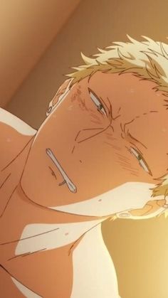 a digital illustration shows the head and shoulders of a young man with blond hair. he appears distressed, with tears welling in his eyes. he has a small, silver earring on his left ear. the man is shirtless, and the top of a white sheet is visible in the bottom left corner of the image. the background is a pale yellow. the image uses soft lighting and warm colors to create a sense of intimacy and vulnerability.