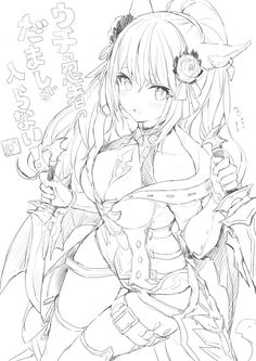 a black and white sketch of an anime girl in a fantasy outfit. she has horns and a tail, suggesting a demon or devillike character. she's posing dynamically, pulling on her outfit with a playful expression.