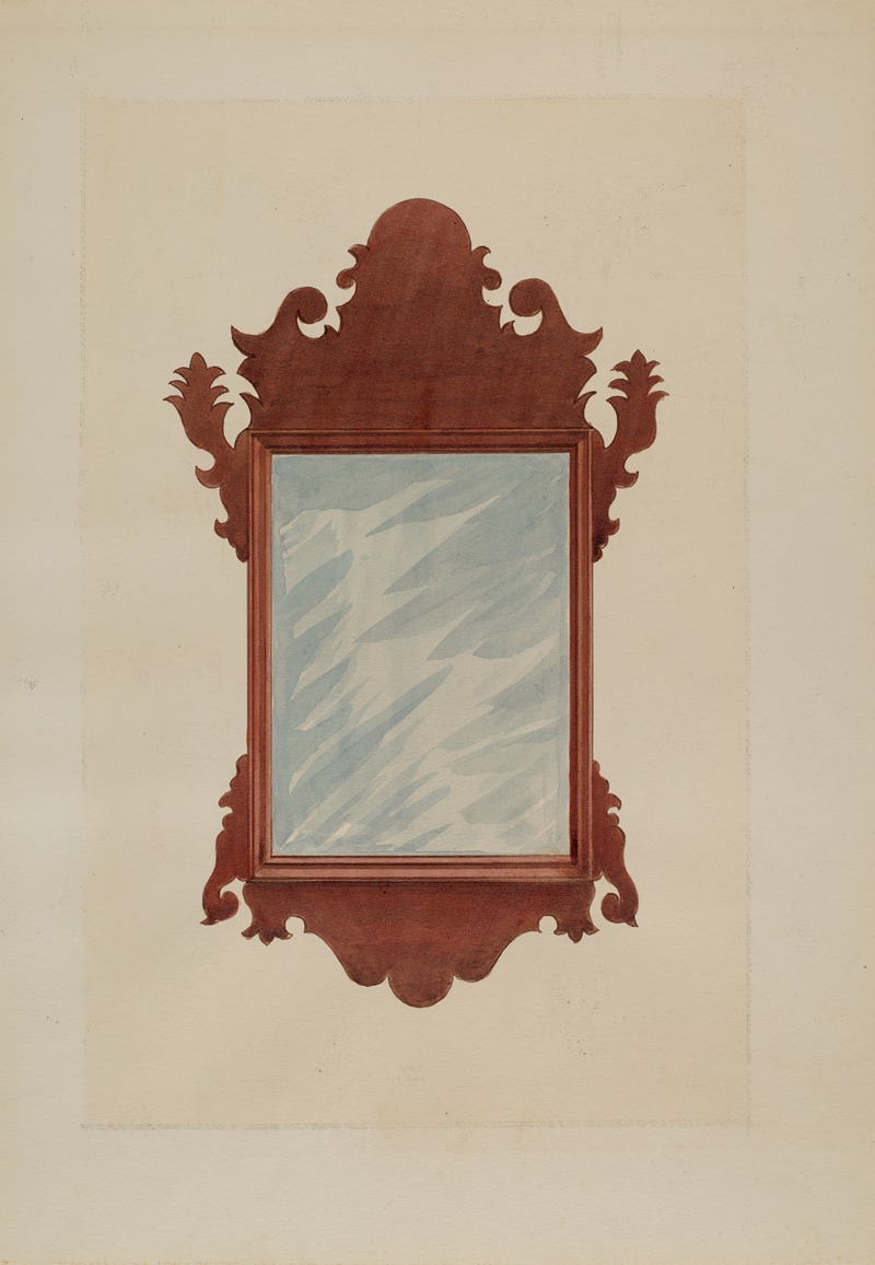 a watercolor painting of a brown framed mirror hangs on a wall. the frame is ornate with curved decorative elements at the top and bottom. the rectangular mirror reflects a blurry light blue and white pattern. the background is an offwhite color.