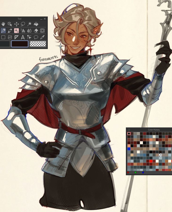 the image showcases a digital painting of a female elf knight.  she is depicted in detailed silver plate armor with a red cape draped over her shoulders.  she holds a stafflike weapon in her right hand.  her skin has a subtle glow. the style is reminiscent of high fantasy illustration, with a focus on polished armor and a slightly stylized character design. the artwork also displays ui elements from what appears to be clip studio paint software, including the tool palette and color history.  the background is a simple offwhite. the overall feeling is of polished and detailed digital painting.