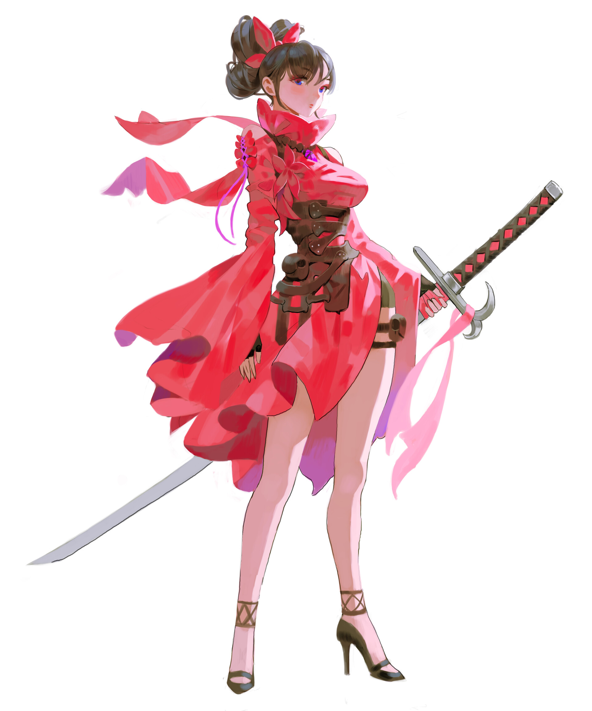 a digital art image shows a fullbody illustration of a female character with animestyle features standing confidently with a sword. she has dark hair styled in a bun with red ribbons and wears a vibrant red dress with long sleeves and a high collar, cinched at the waist with a brown leatherlike harness. the dress is short, revealing her legs, and she wears dark heels with a strappy design. her sword is held in her right hand, and the overall color palette is dominated by shades of red, pink, and brown. the background is plain white, putting all the focus on the character.