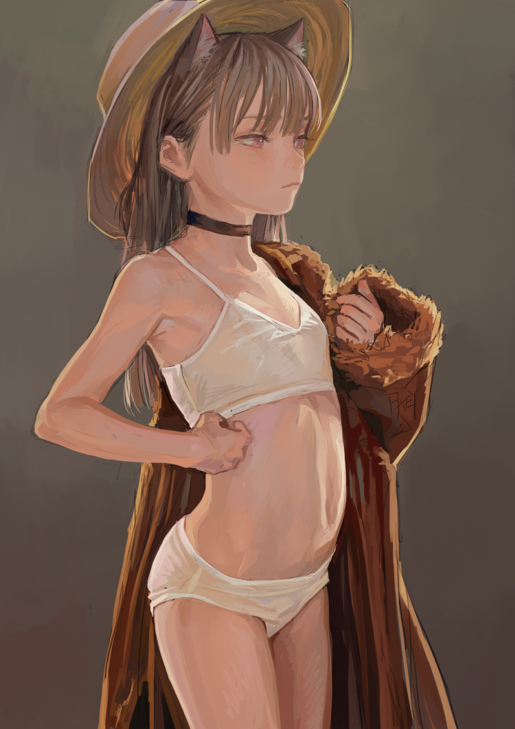 an animestyle girl with cat ears wears a hat, underwear and a jacket slung over her shoulder. she has short hair, a choker, and a serious expression.