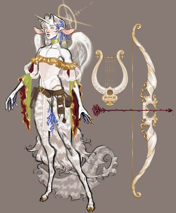 a digital illustration of a female fantasy creature with wings wearing white and gold clothing, holding a bow and arrow. there is also a harp to the right.