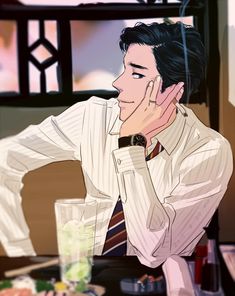 an animestyle illustration of a handsome man sitting in a restaurant, possibly japanese cuisine as indicated by the food on the table. he is dressed in a white pinstriped shirt and a striped tie. he has dark hair and is smoking a cigarette while gazing off to the side with a serene expression. the background suggests a daytime setting with light coming through a window behind him.  the overall color palette is soft and warm.