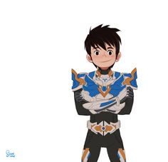 a young boy, stylized in the manner of a japanese superhero or "sentai" character, confidently crosses his arms.  he wears a blue, white, and gold armored suit, hinting at his heroic abilities. the bright colors and clean lines of the illustration evoke a sense of action and adventure.