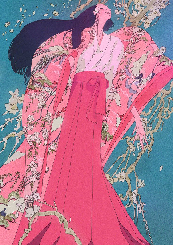 the image is an animestyle illustration of a woman in traditional japanese clothing against a vibrant background. the woman is wearing a long, flowing pink skirt (hakama) and a white underkimono with a pink sash. her hair is long, black, and flowing freely behind her. she stands tall with her head tilted back, gazing upward with a serene expression. she has pale skin and delicate features. her garment is layered over a large pink kimono. the kimono is patterned with sakura blossoms and other traditional motifs. the background is a mix of blue and pink, with blooming sakura branches framing the figure. the overall style is reminiscent of traditional japanese art with a modern anime twist, emphasizing elegance and beauty.