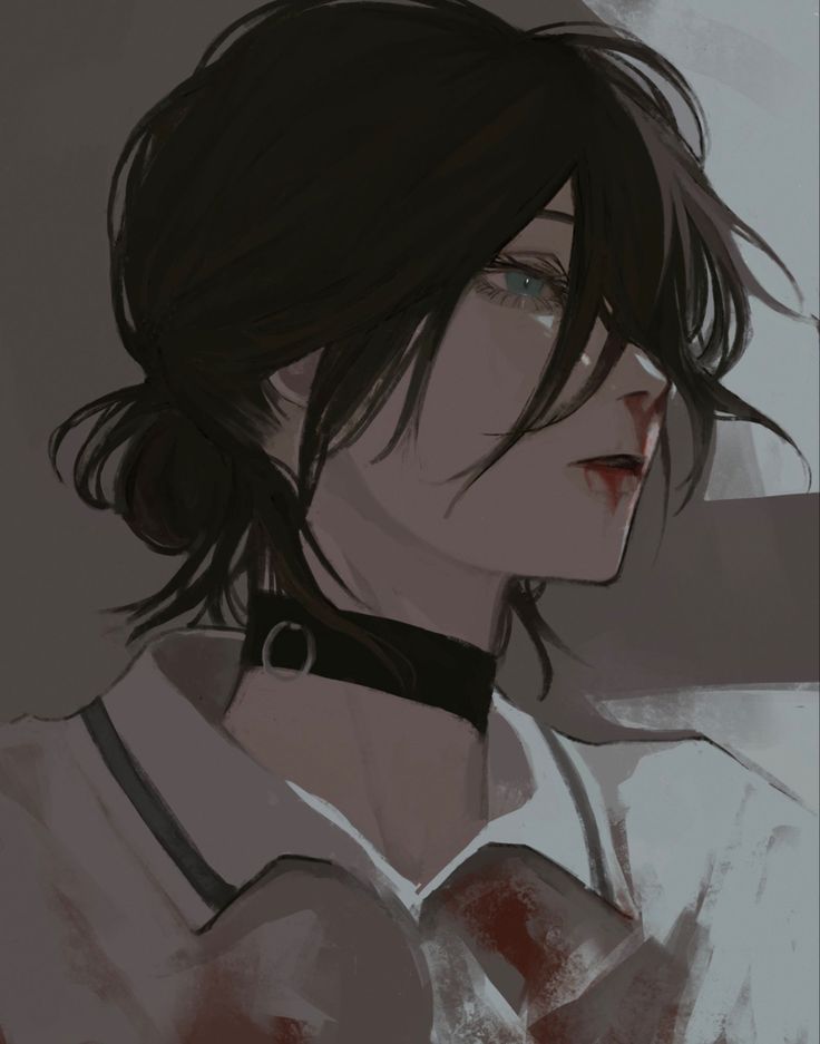 the image is a digital painting or illustration of a young animestyle woman. she has dark, long hair styled in a loose bun, and her expression is melancholic. her face is partially turned away, revealing a side profile with a hint of blood near her mouth and on her clothing, suggesting an injury or a recent violent event.  she is wearing a white collared shirt and a black choker. the overall mood is somber and dark, with muted grey and brown tones dominating the color palette. the style is semirealistic, blending anime features with a more painterly approach to shading and texture. the focus is on the character's face and upper body, filling most of the frame.  the background is blurry and indistinct.