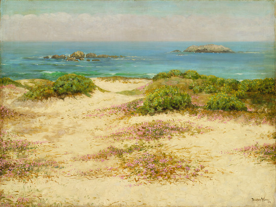 a landscape painting of a beach with sand dunes covered in pink wildflowers and green shrubs leading towards the ocean. in the distance, there are rocky islands and a cloudy sky above a calm ocean. the scene captures a serene coastal environment.