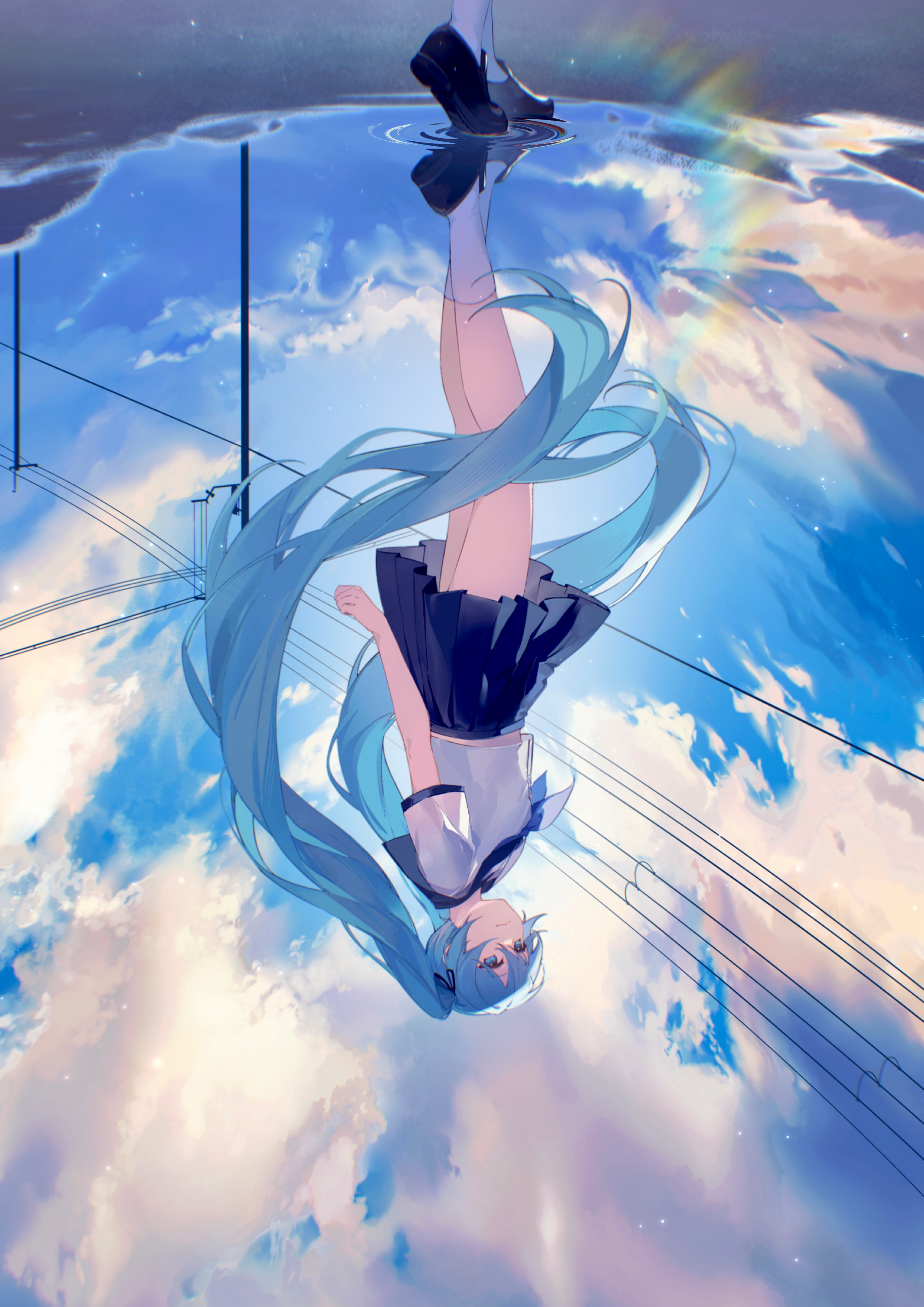 the image is a digital painting or illustration of hatsune miku, a popular vocaloid character.  she is depicted upside down, reflected in a puddle of water that mirrors a bright, partly cloudy sky. her long, turquoise hair flows around her. she's wearing a school uniform and shoes. power lines are visible in the background, adding to the overall ethereal and slightly melancholic atmosphere of the piece. the style is anime/manga inspired, with soft colors and a focus on atmosphere and mood.