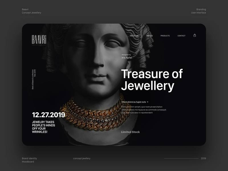the image is a website design concept for a jewelry brand called baavri. the design is minimalist and modern, with a black and white color scheme. the website features a large image of a woman's head adorned with a gold necklace. the text on the website is in white and black, and it includes information about the brand, its products, and its latest collection. the website also includes a call to action to view the limited stock.