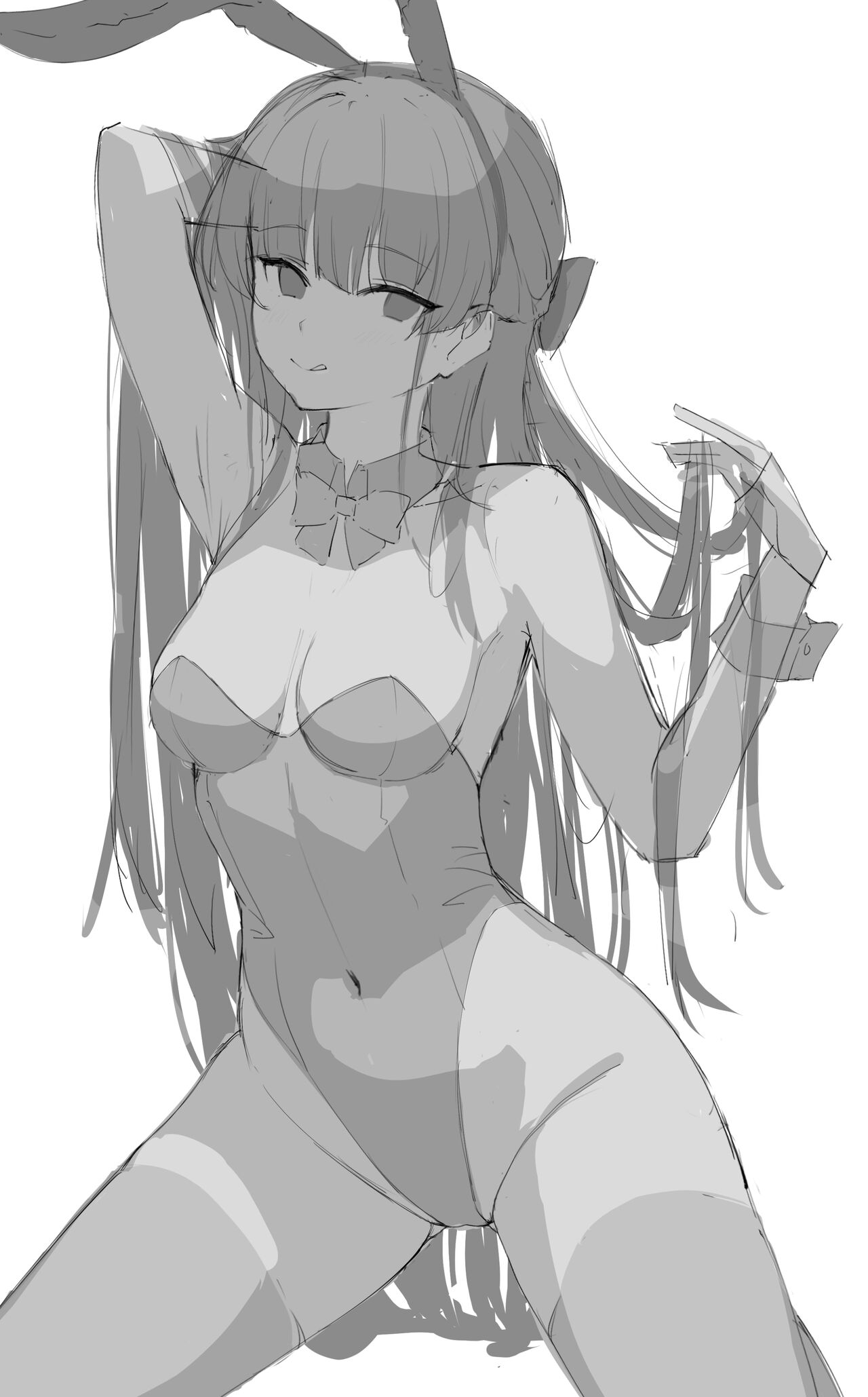 a grayscale sketch of an anime girl wearing a bunny girl bodysuit. she has long, flowing hair and is positioned in a suggestive pose. the drawing style is loose and expressive, with visible brushstrokes. the overall feel is sensual and playful.