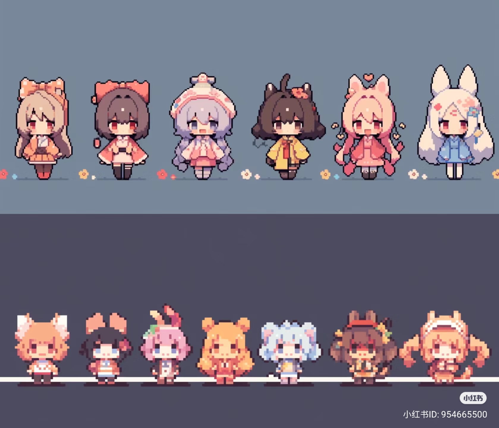 this pixel art image features two rows of cute, chibistyle characters. the top row showcases seven girls with distinct features and outfits, some with animal ears and colorful bows. the bottom row displays seven animals, possibly representing the girls from the top row in their animal forms. each animal wears a corresponding outfit to their human counterpart. the background is a plain, muted bluegray, making the characters pop with their pastel colors.
