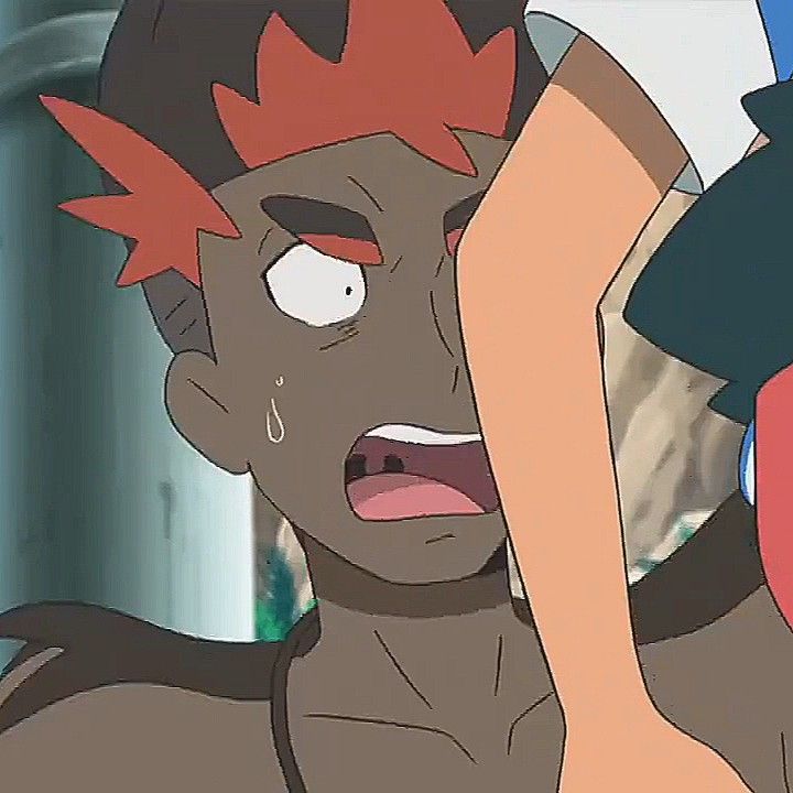 a closeup shot of a male anime character with red hair and a surprised expression. he looks afraid and is sweating. his mouth is open and his eyes are wide. he appears to be in a situation of danger or distress.