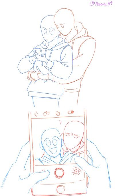 the image is a sketch of two characters, a couple, hugging and taking a selfie. the top part of the image is a sketch of two characters hugging each other, looking at a phone, while the bottom part of the image is a sketch of their faces on a phone screen.  the sketch is done in a simple line art style.
