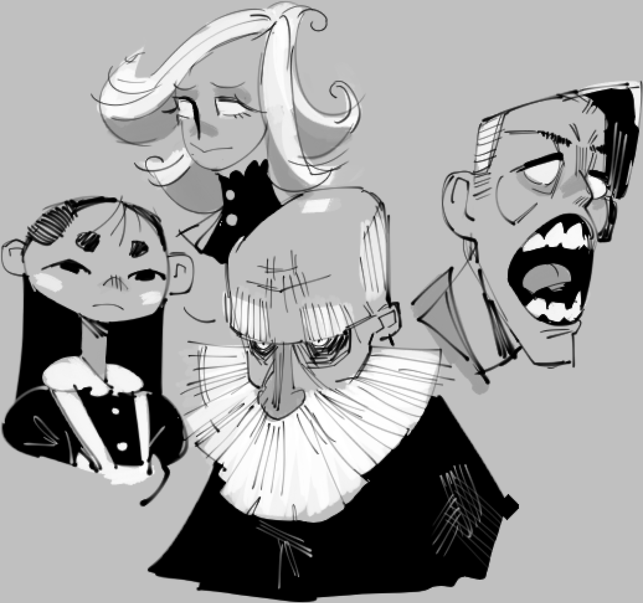 a black and white digital drawing of four characters. the characters are drawn in a cartoon style with a sketchy appearance. the characters are all looking in different directions. the character in the lower right corner of the image is an elderly man with a beard. he looks surprised and his mouth is open. to the left of him is a woman with white hair who is unhappy and has a frown on her face. the character on the left is a little girl who also looks upset, and the character on the top left of the image is another woman who is looking over the top of the other characters.
