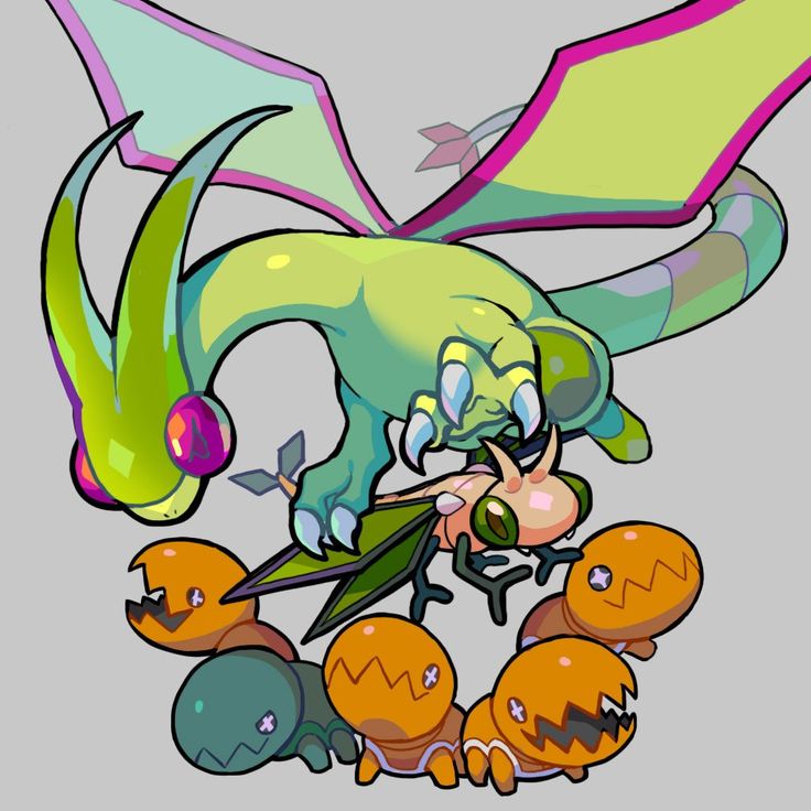 the image is a vibrant, cartoonstyle illustration featuring a large, green dragonlike creature with prominent wings and claws.  the dragon is depicted in a playful, almost mischievous pose, as it's interacting with several smaller, orange and green insectlike creatures. these smaller creatures appear to be in a defensive or threatened position under the dragon's paw. the overall style is whimsical and colorful, suggesting a fantasy or game setting. the art is digitally created and has a slightly animeinspired aesthetic.