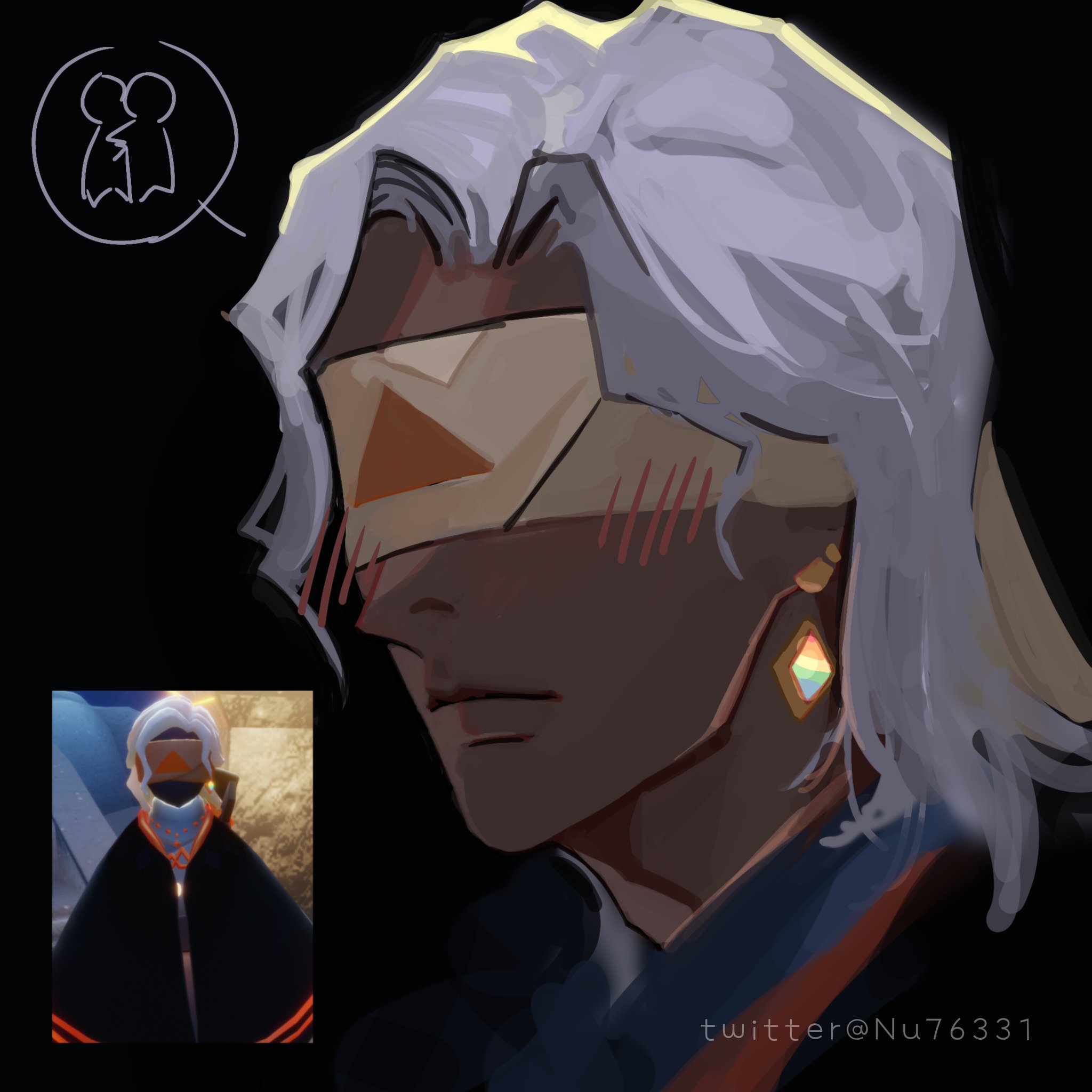 this is a digital art illustration of an anime character. the character is a male with long white hair, he is wearing a blindfold, an earring, and a cape. the character is blushing and looking down, he is facing towards the left side of the image. the background is dark, the character's expression is soft, and the overall style is soft and whimsical.