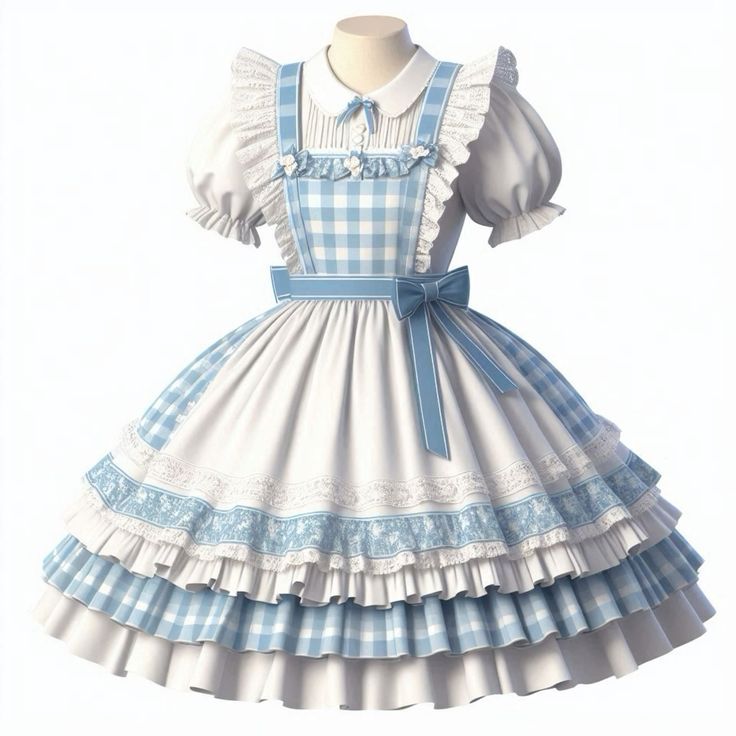a lolita fashion dress in white and blue. the dress features a white bodice with a blue gingham pinafore apron, short puffed sleeves, and a full, tiered skirt with lace and gingham trim. the dress is shown on a mannequin against a white background.
