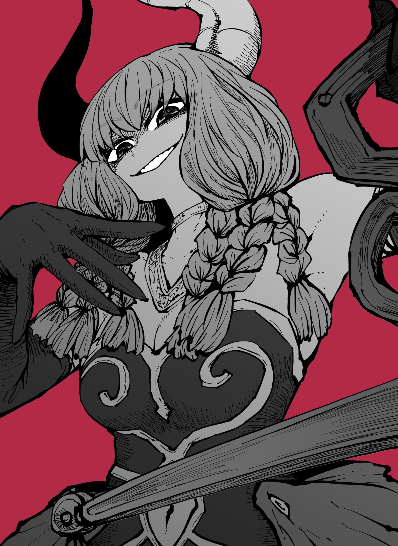 this is a black and white anime illustration of a demon girl with horns. she has a sinister grin on her face, and a weapon in her hand. the background is a vibrant red color. the girl is dressed in a black and white outfit with elaborate patterns. she is staring at the viewer with a menacing look on her face. the illustration suggests a dark and mysterious character.