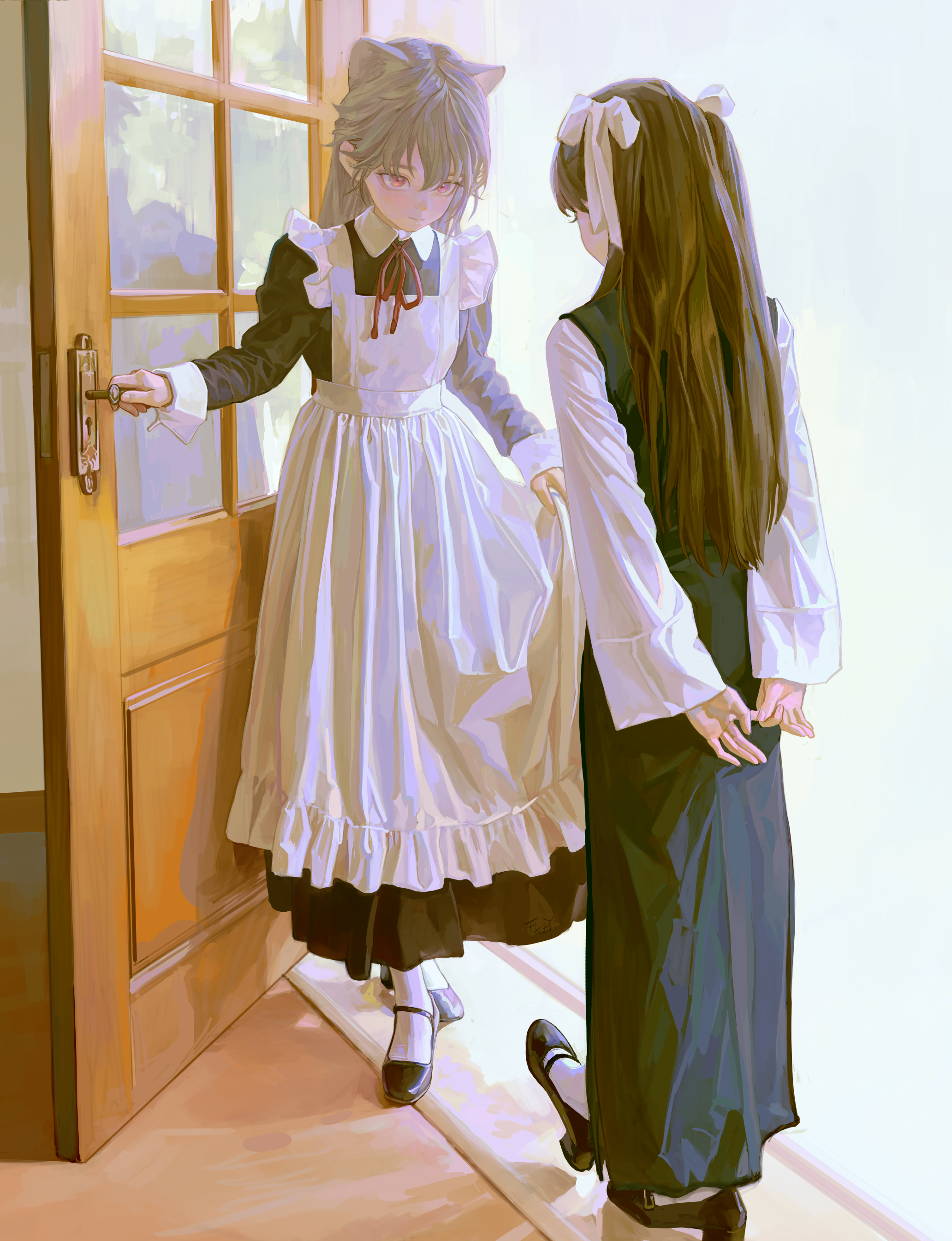 an animestyle image depicts two girls near a doorway. one girl, possibly a cat girl due to the cat ears, is in a maid costume and opening a wooden door with glass panes. she has a white apron over a dark dress, with a red ribbon at the collar, and wears black mary jane shoes with stockings. the second girl, with long dark hair adorned with white ribbons, stands next to her, dressed in a long dark dress and a white longsleeved blouse. she also wears mary jane shoes. the scene is softly lit, creating a gentle, dreamy atmosphere.