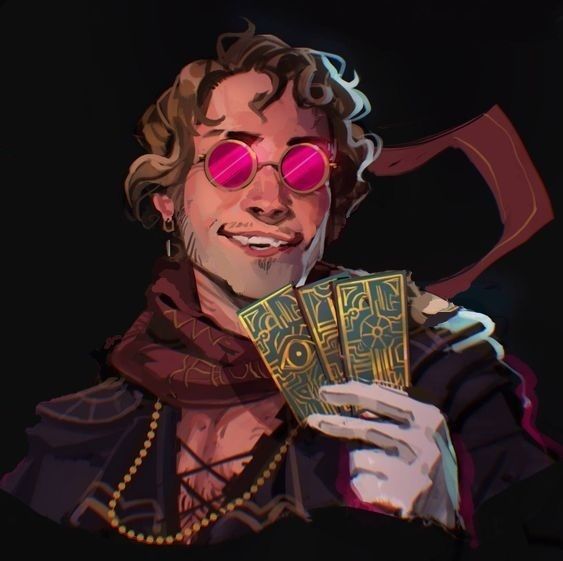 a portrait of a man with curly brown hair wearing pink sunglasses, a red scarf, and a gold necklace, holding a deck of cards in his right hand. he is smiling and looking at the camera. the background is dark, and the image is a digital illustration.