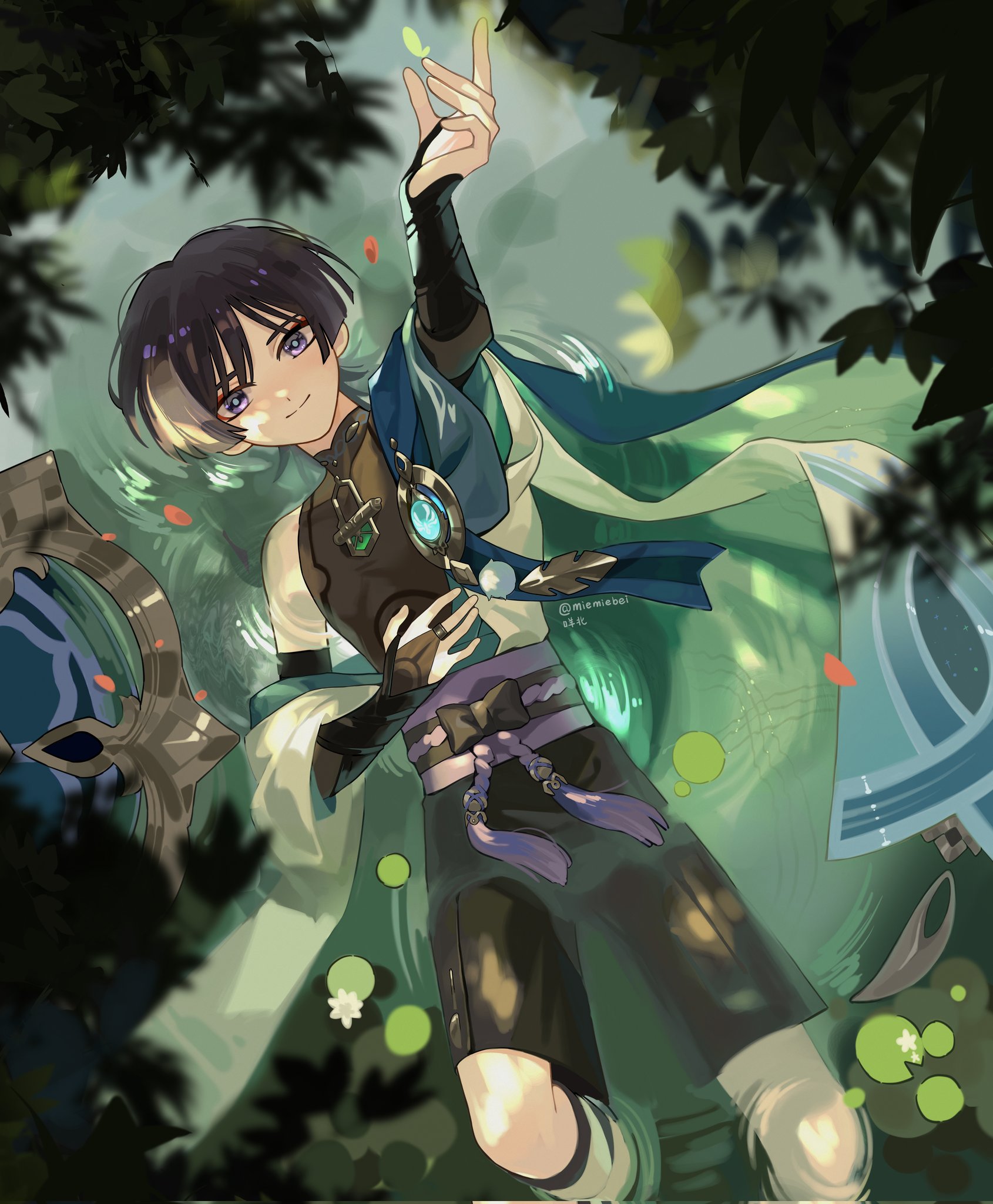 an anime style illustration of a young man floating underwater. he has black and white hair and is wearing a green and blue outfit. he is holding a sword in his hand, and there are leaves floating around him. the background is a blurry mix of green and blue.