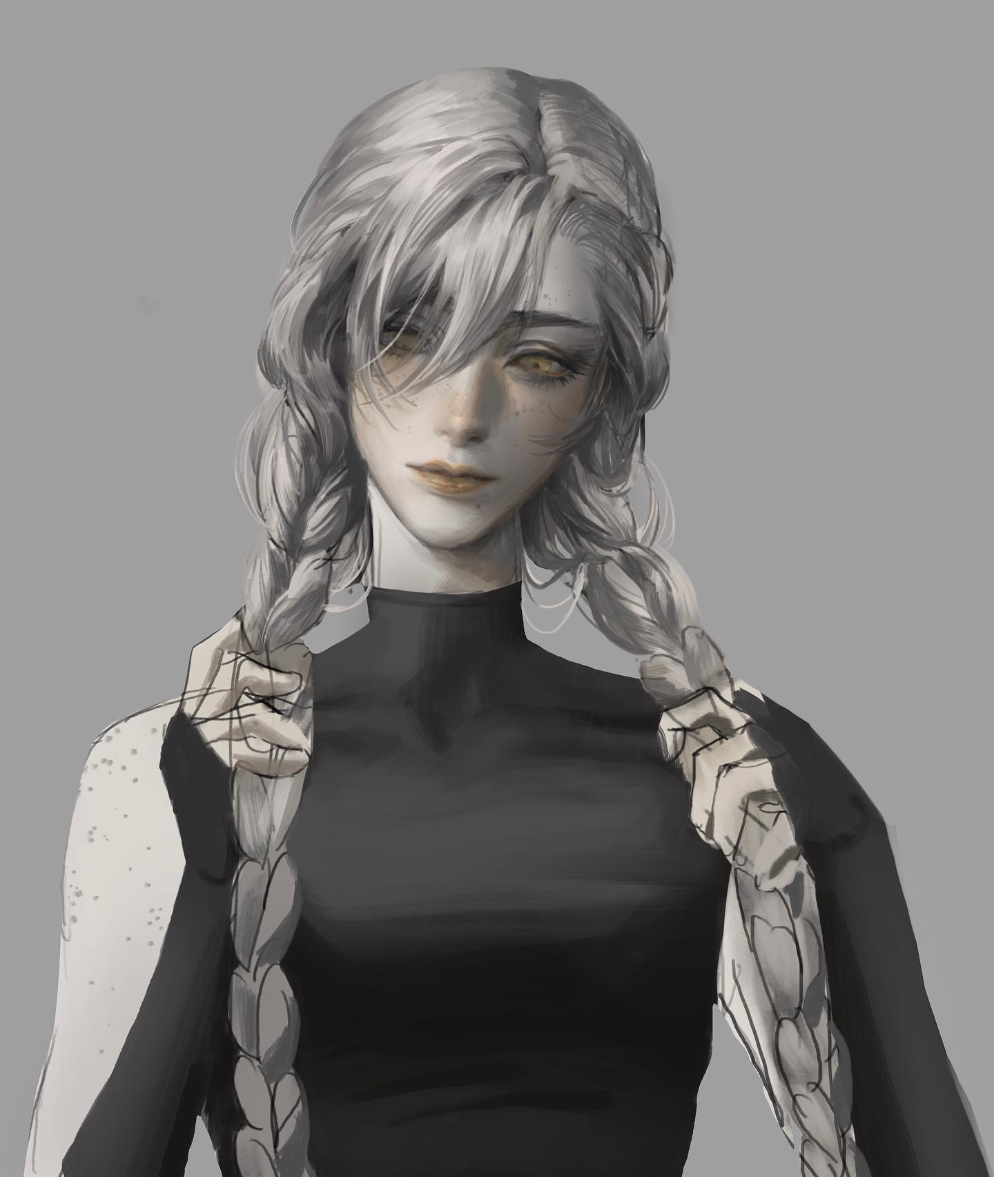this is a digital illustration of a woman with long white hair braided on both sides. she is wearing a black turtleneck shirt. her expression is serious and she is looking directly at the camera. the background is a solid gray.