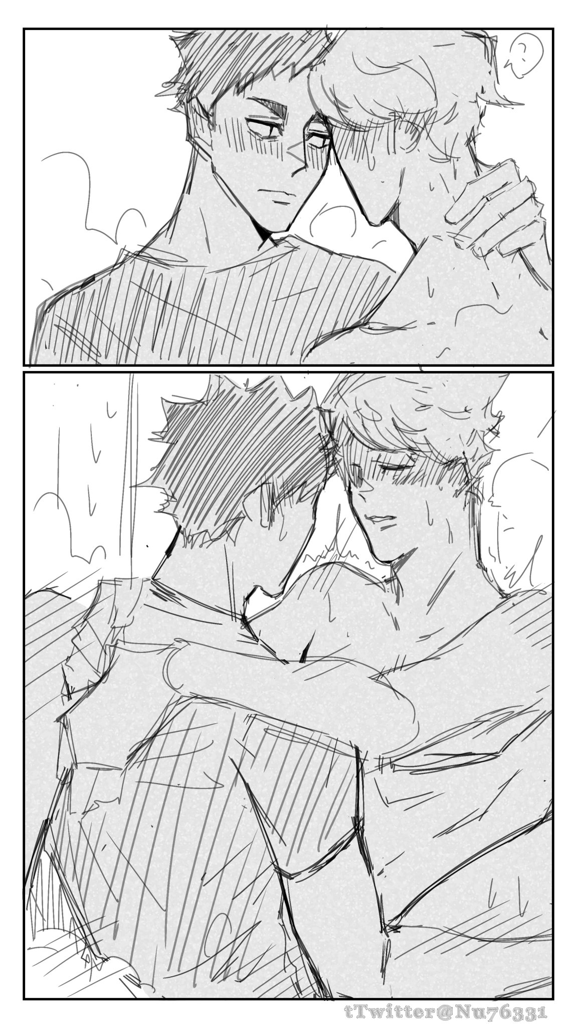 this mangastyle comic depicts a romantic moment between two young men. the top panel shows one man embracing the other, while in the bottom panel, the man on the right is being embraced by the man on the left. the art style is simple and focused on conveying emotion. the image suggests that these two characters are in a loving relationship. the man on the left is drawn to look softer and more vulnerable, while the man on the right appears to be more physically strong. the scene suggests a tender and affectionate moment between the two.
