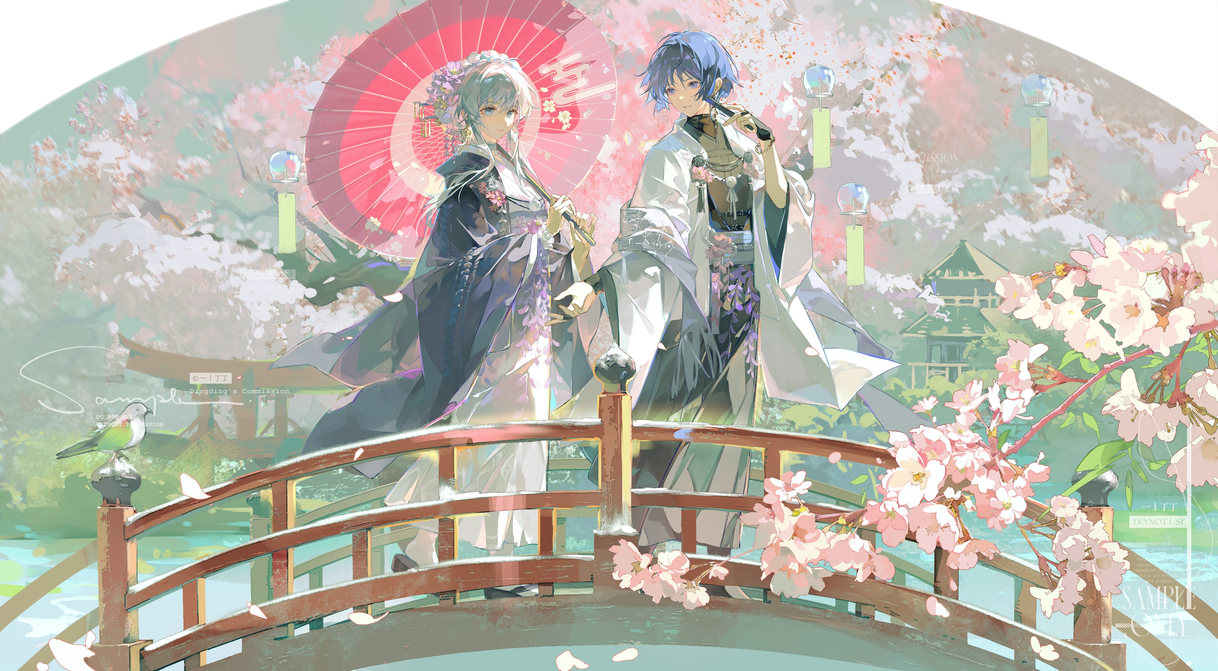 the image showcases two anime girls, adorned in elegant, flowing white and blue kimonos with intricate floral patterns, gracefully standing on a traditional wooden bridge. they are surrounded by a breathtaking display of blooming cherry blossoms, their delicate pink petals painting a picturesque backdrop. a gentle river flows beneath the bridge, reflecting the soft sunlight filtering through the trees. the scene exudes a sense of tranquility and beauty, capturing the essence of spring in japan.