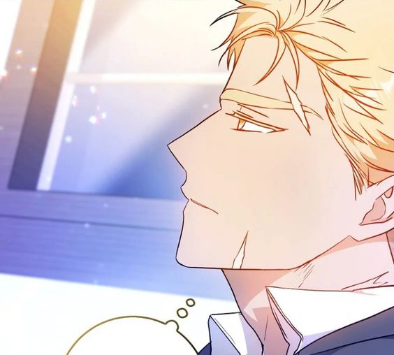 this is a closeup illustration of a young man with blond hair and a scar on his left cheek.  he is wearing a white shirt and a dark blue suit jacket. he is looking off to the left and appears to be deep in thought.  the style of the illustration suggests it could be from a manga or manhwa.  the background is a soft, blurry blue and white, giving the impression of an office setting.  the overall tone of the image is contemplative.