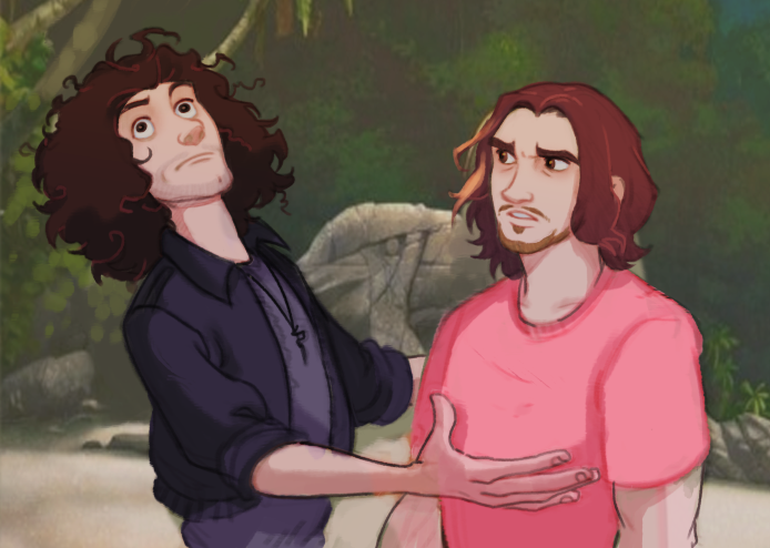 two cartoon men are standing in a jungle setting. one man with curly brown hair, wearing a black jacket and purple shirt is gesturing towards the other man. the second man with reddishbrown hair and a beard, wearing a pink shirt, has a concerned look on his face.