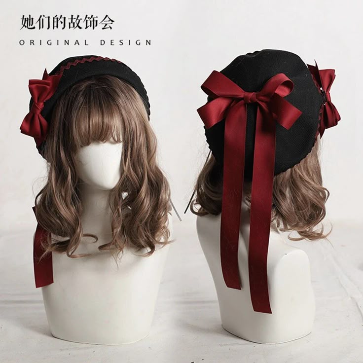 two mannequins wearing wigs and black bonnets with red ribbons and bows. the bonnets are adorned with red ribbons and bows, and the wigs have curled hair with bangs. one mannequin faces forward, showcasing the bonnet's front with a bow on the side, while the other is positioned to show the back of the bonnet, featuring a larger bow and hanging ribbons.