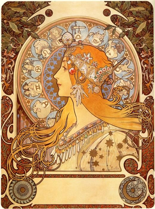 this is an art nouveau illustration by alphonse mucha, featuring a woman in profile wearing a crown and surrounded by the symbols of the zodiac. the woman has long, flowing red hair, and she is adorned with jewelry and a dress with star patterns. around her is a circle of zodiac signs, and the illustration is framed by ornate floral and leaf designs. at the bottom, there is a depiction of the moon.