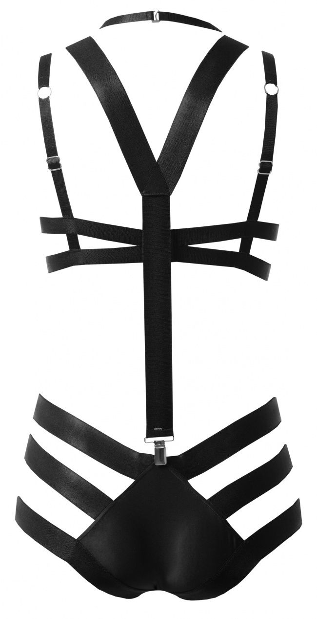 a back view of a black strappy lingerie harness bodysuit.