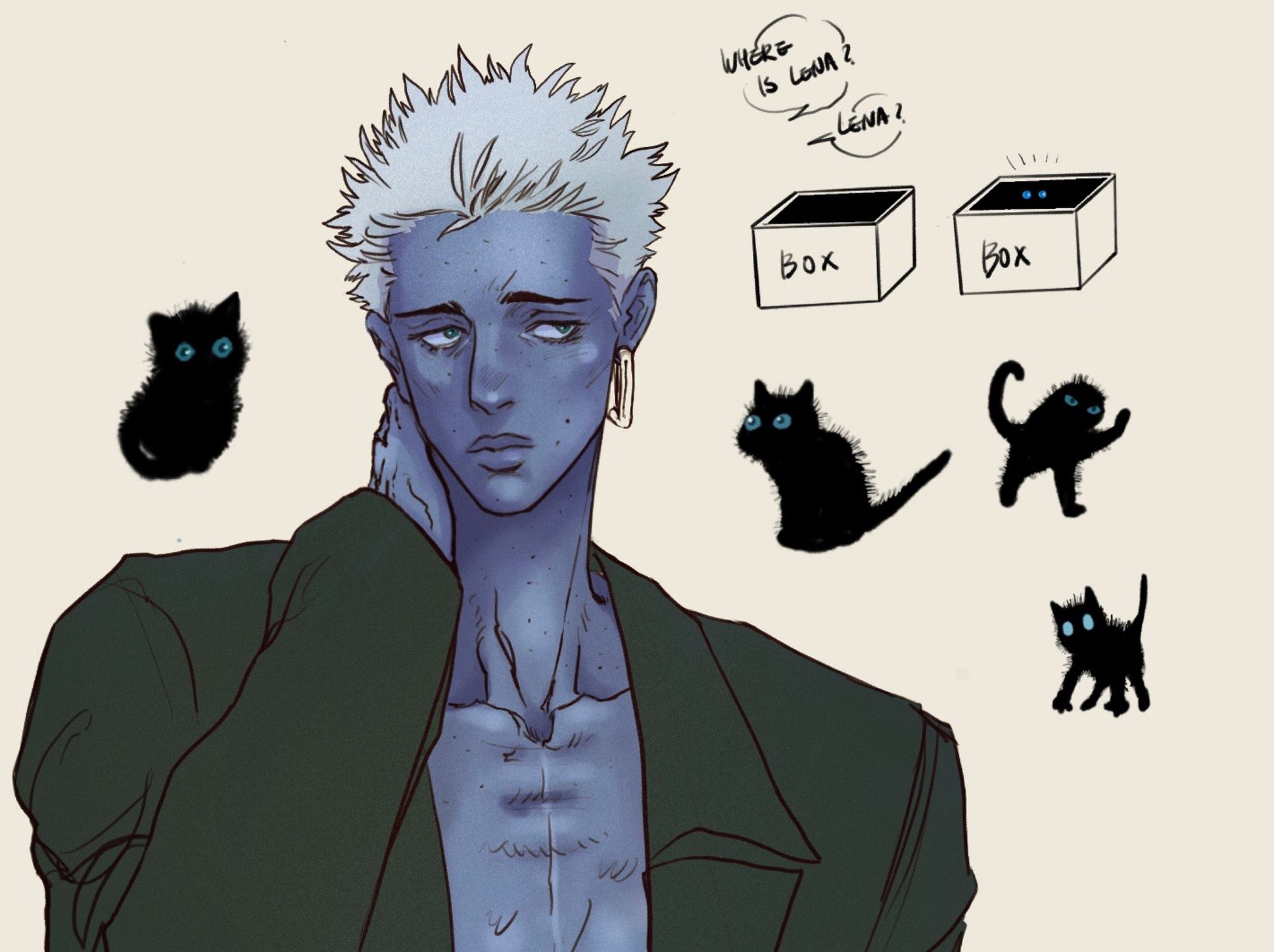 an illustration shows a pale blueskinned man with white hair and blue eyes surrounded by four black kittens. the man is wearing a green jacket and an earring, and he is touching his neck as if he is in thought. two boxes float near his head, with the words "where is lena?" above them. one box is empty, while the other contains glowing blue eyes. the kittens have bright blue eyes as well. one kitten is floating near the man's head. the other three kittens are shown in different poses: sitting, leaping, and walking.