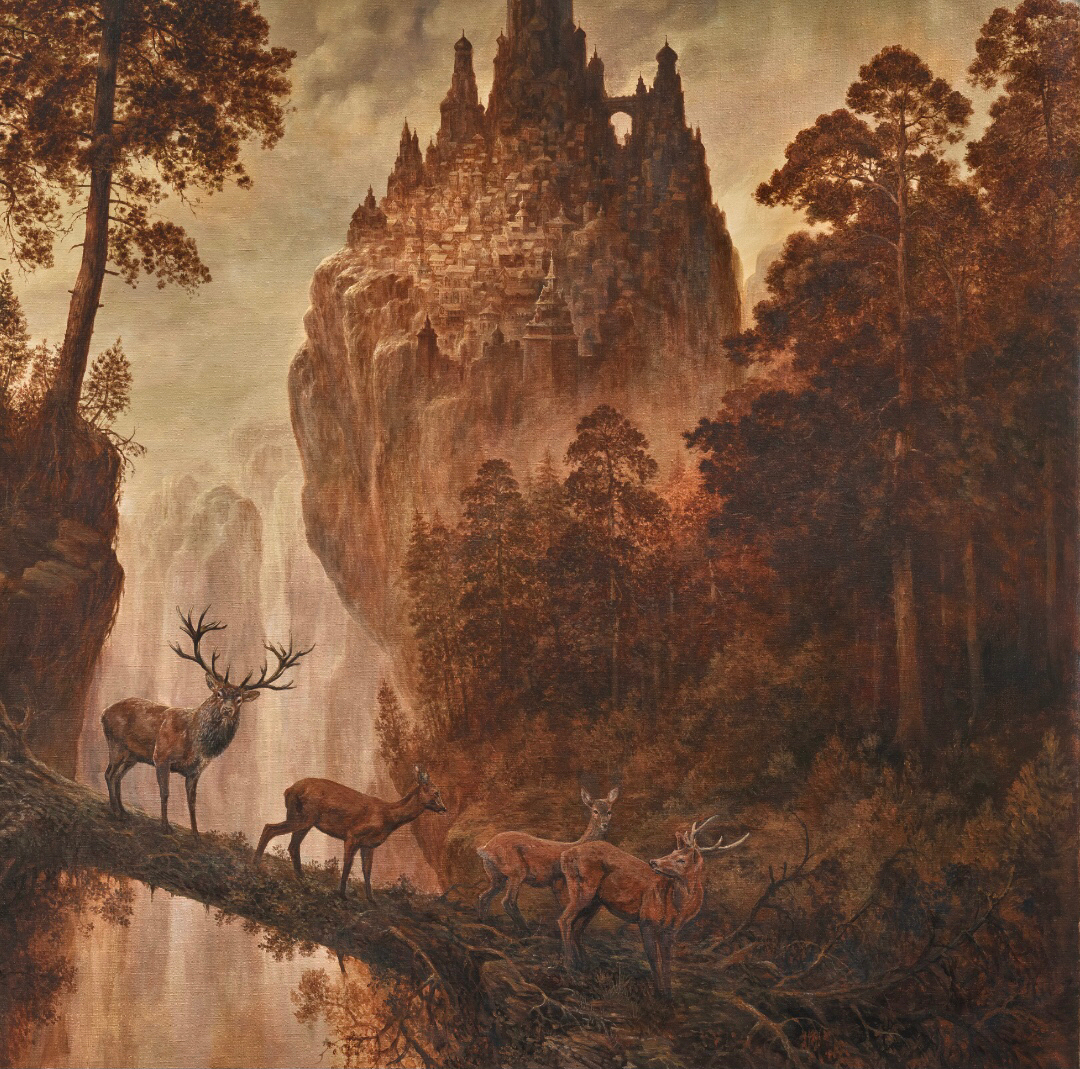 this is a fantasy art painting depicting four deer standing on a broken, fallen tree trunk.  behind them is a deep chasm with a waterfall in the distance. on a sheer cliff face across the chasm sits a large, gothicstyle castle. the entire scene is rendered in warm, muted tones of brown, sepia, and gray.  the style is reminiscent of romantic era landscape painting.