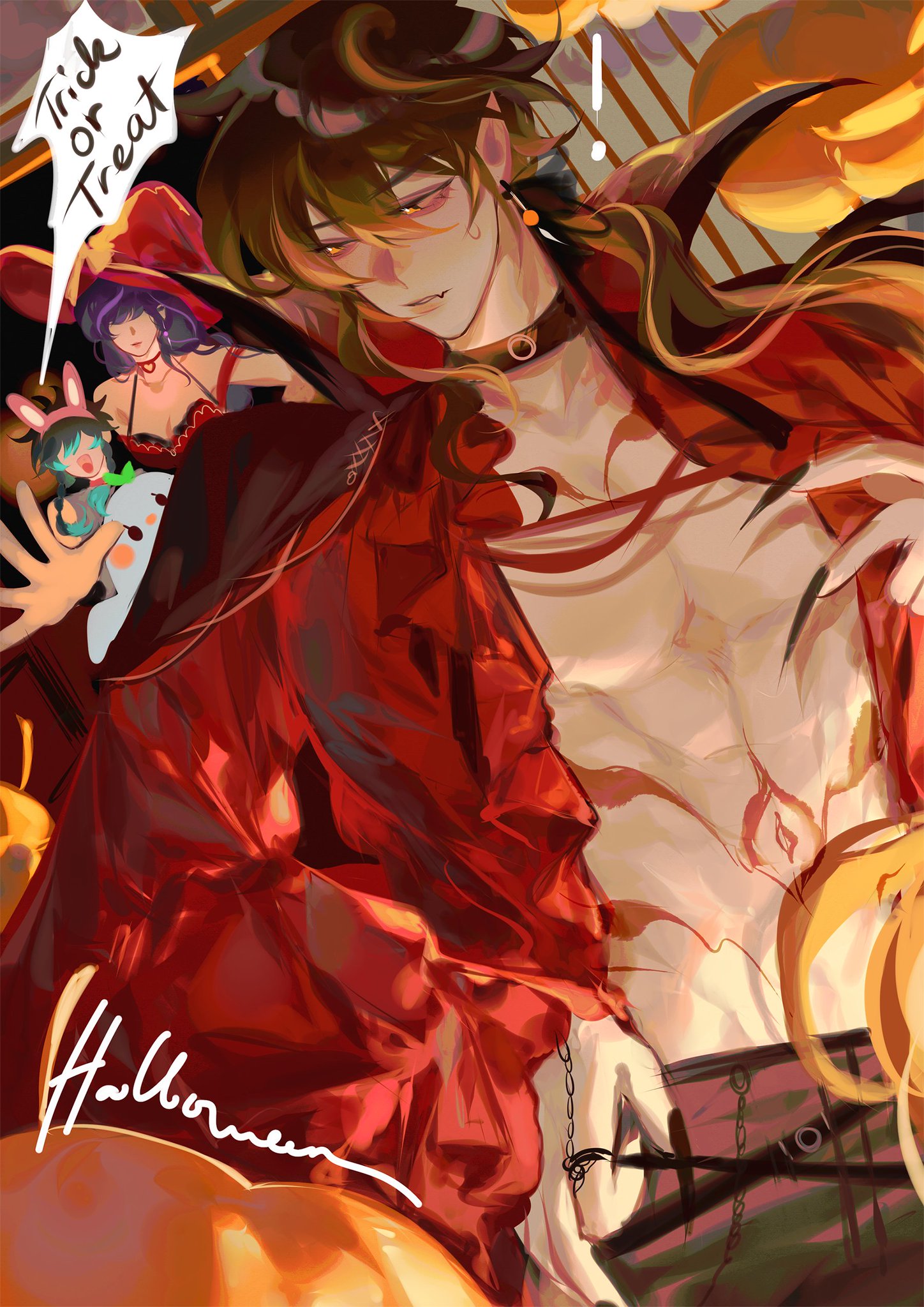 he image is a vibrant and dynamic piece of animestyle fanart depicting a halloween scene.  the central figure is a muscular male character with long, flowing dark hair, dressed in a red, shiny jacket and dark pants, suggesting a devilish or vampirelike costume.  he has a somewhat serious expression.  in the background and partially obscured,  are two female characters dressed in witch costumes; one is partially visible behind the male character and the other is a younger girl dressed as a bunny.  there are also pumpkins visible in the background, adding to the halloween theme.  the style is highly detailed with attention to texture and lighting, giving the piece a polished and expressive quality. the words "trick or treat" and "halloween" are written on the image.