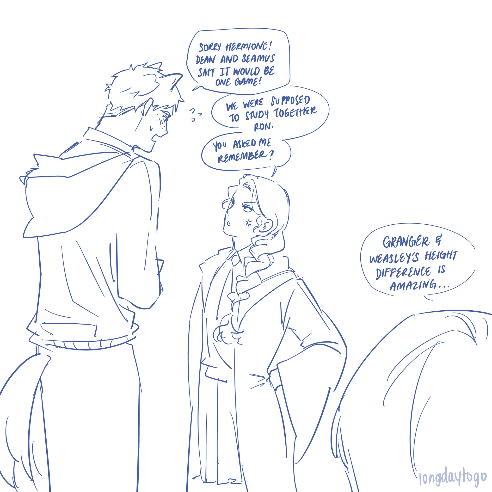 the image is a blueinked fan art sketch in a manga style depicting a humorous scene from harry potter.  hermione granger (shorter) is looking up at a taller ron weasley (with catlike ears) who is apologizing for missing their study session because dean and seamus convinced him to play a game. a speech bubble indicates the significant height difference between them is noted as "amazing."  the style is light and informal, typical of online webcomics.
