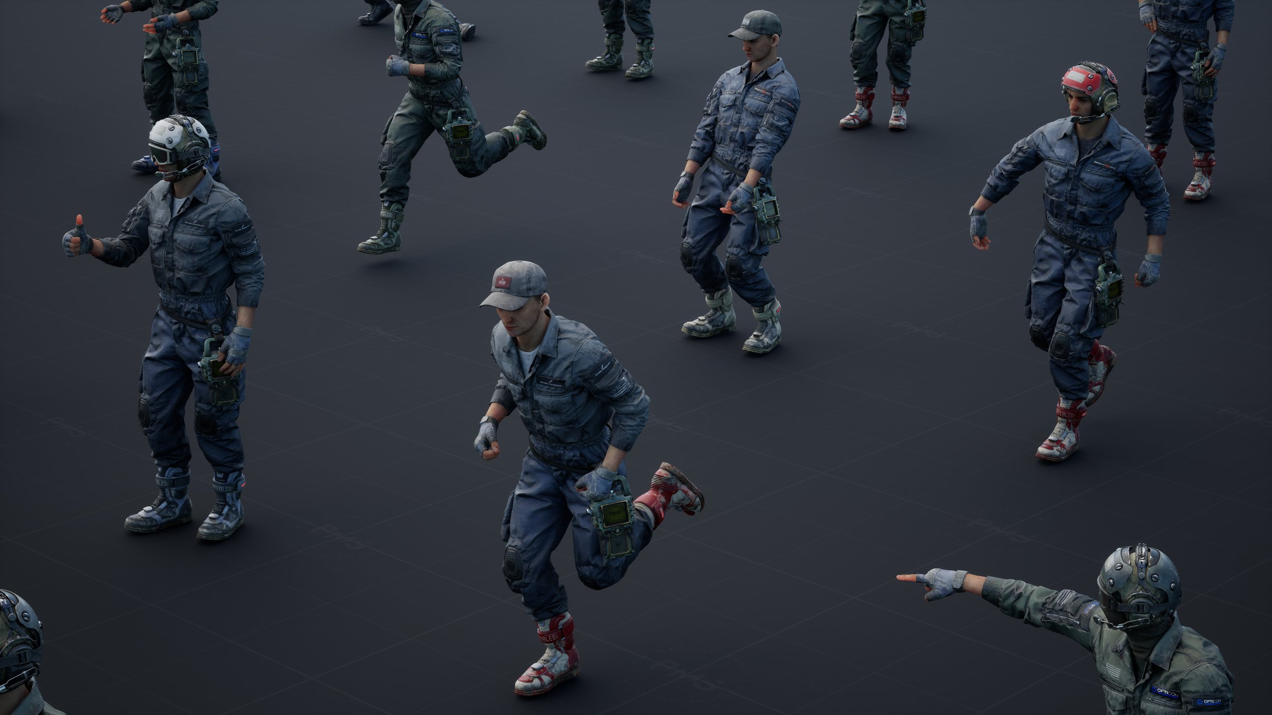 the image is a 3d rendering of several video game characters, appearing to be soldiers or military personnel, in various poses on a dark gray gridded surface.  the characters are wearing futuristiclooking combat uniforms, helmets, and boots, some are running, some are standing with their thumbs up, and some are pointing. the style suggests a firstperson shooter or similar action game. the overall aesthetic is gritty and realistic. the scene is likely used for game development, showcasing the character models and animations.