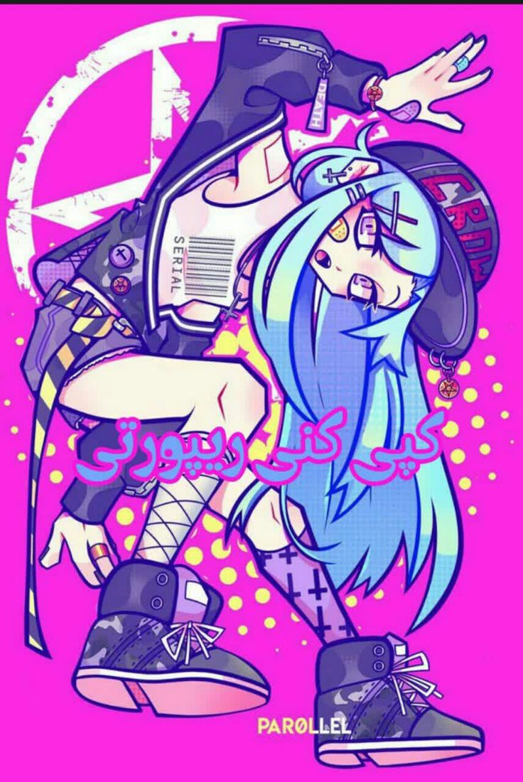 the image shows a cartoon anime girl with blue hair wearing a streetwear outfit. she's wearing a black jacket with a yellow strap, a white shirt that says "serial" with a bar code and a black and white hat that says "crime". she's also wearing black and white sneakers with pink soles. the girl is posing on a background of pink with yellow dots, a black and white peace sign with a black and white star in the middle and some graffiti that says "kisi ka dil tootne wala hai". she is wearing multiple bracelets on her arm including a bracelet that says "death". the image has a grunge, punk aesthetic.