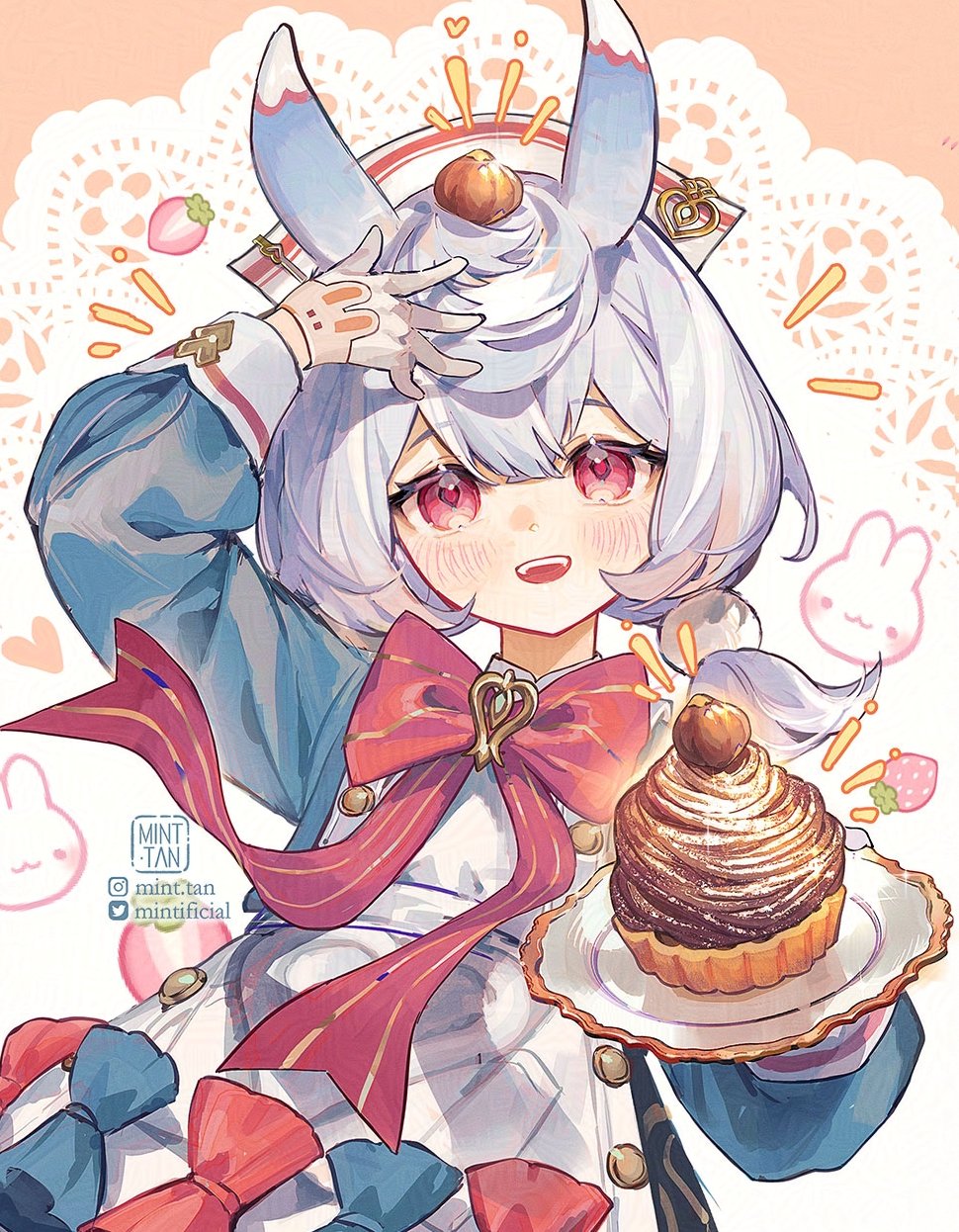 this anime illustration depicts a cute girl with white hair and red eyes, wearing a dress with bunny ears, holding a pastry on a plate. she is smiling and looking at the camera. the background has a white lace pattern, with hearts, strawberries, and bunnies.